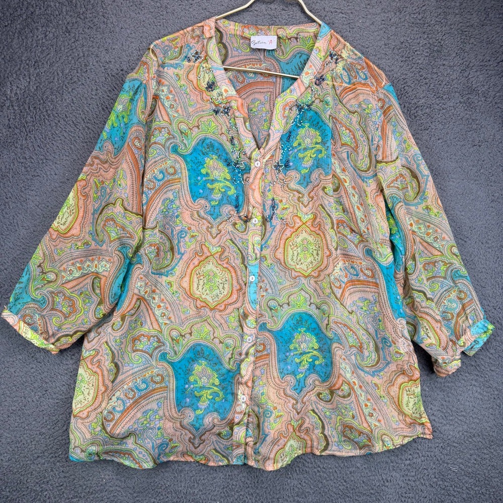 Option A Womens Paisley Beaded Button Up Blouse Sheer Blue Pink Orange